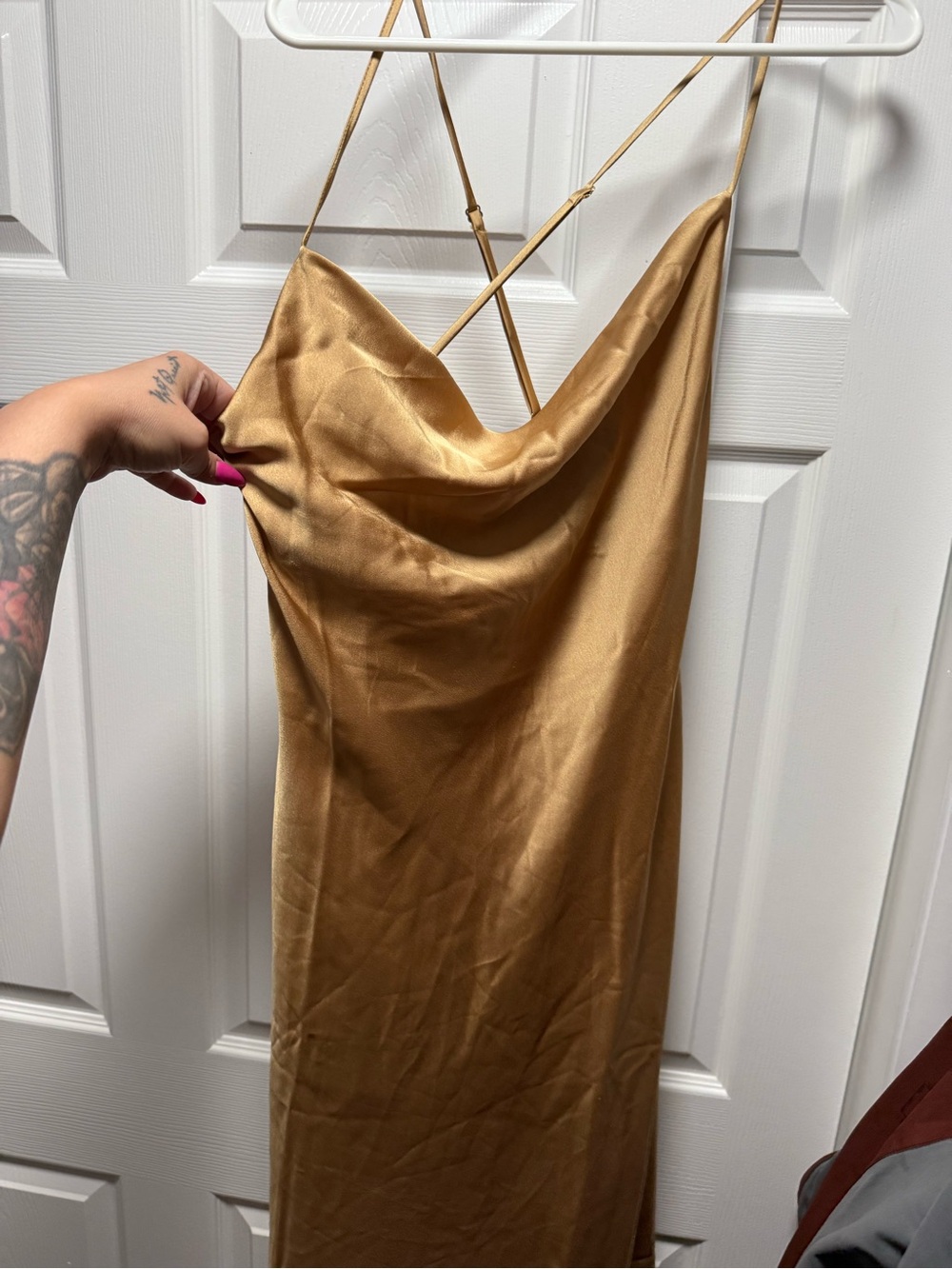 Show Me Your MuMu Gold Satin Slip Dress with Cowl Neck